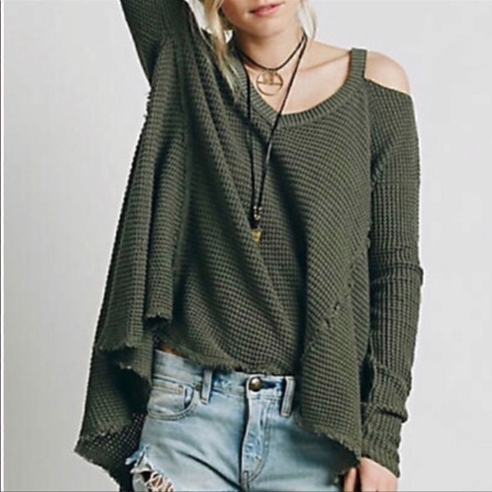 Free People MoonShine V Neck Sweater Fatigue Green S